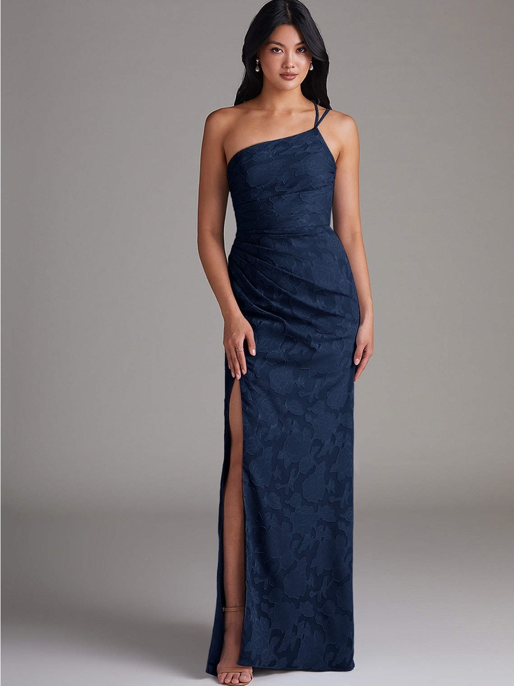 Azazie Floral Burnout Navy One-Shoulder Floral Jacquard Gown